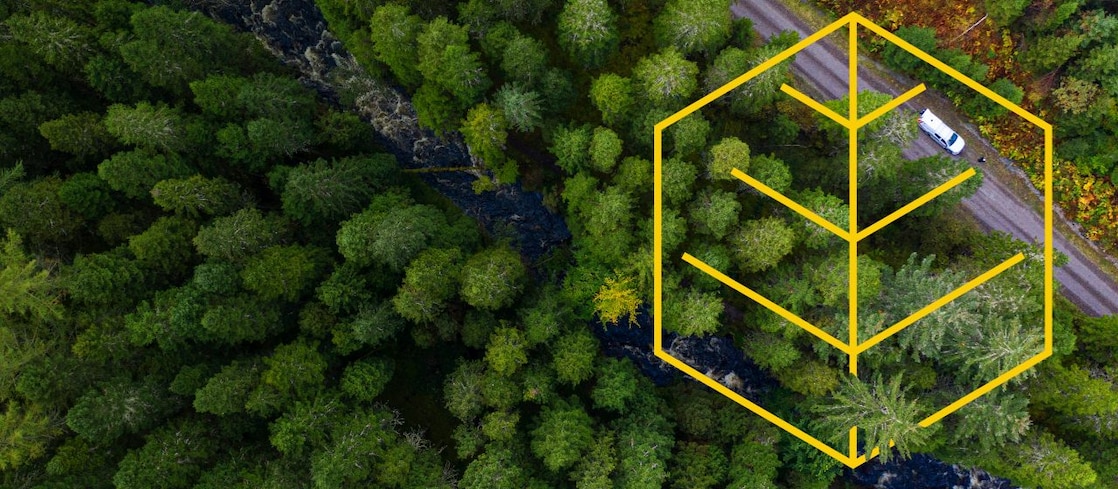 Arial of a river and a white truck on a road in a pine forest with an outline of the Respecting nature graph