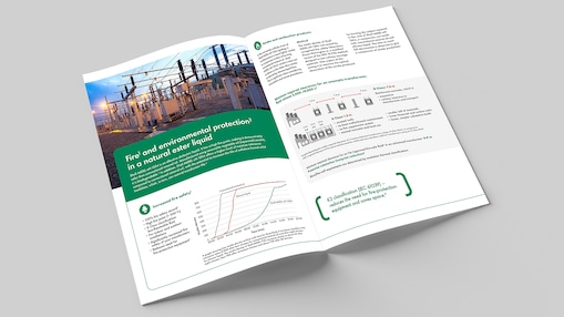 Un mock-up della brochure del prodotto Shell MIDEL en 1204 aperta a una pagina casuale.