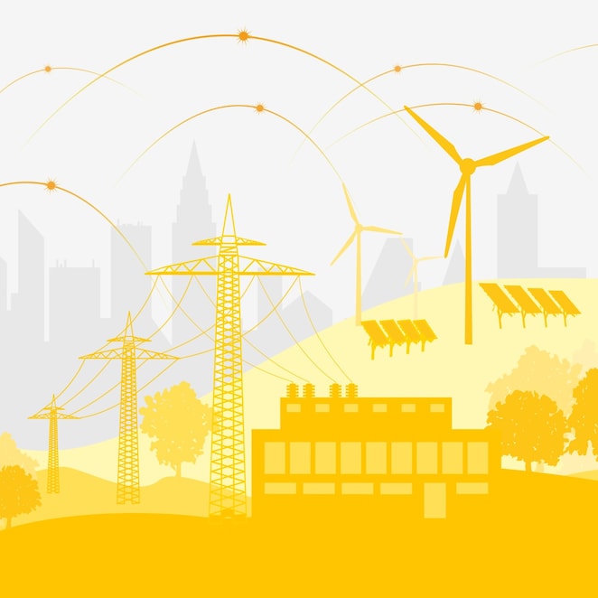 An infographic of a landscape, featuring wind turbines, solar panels, pylons and power lines.
