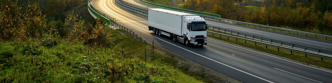 camion bianco su strada curva al tramonto
