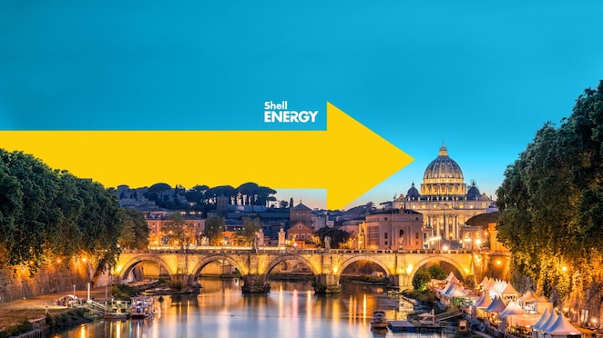 Rome landscape with yellow arrow and Shell Energy Brand on it