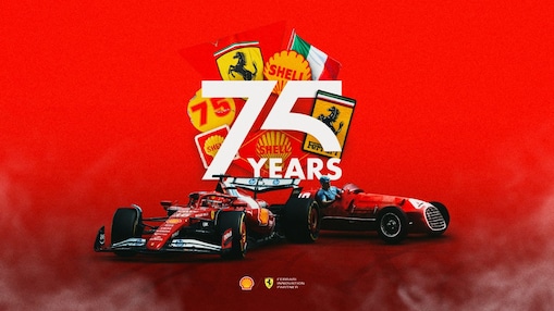 Shell and Ferrari 75 years key visual depicting modern and historic Shell and Ferrari race cars and emblems