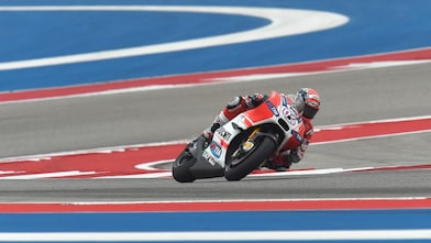 Ducati motorcycle racing around a corner of a racing track